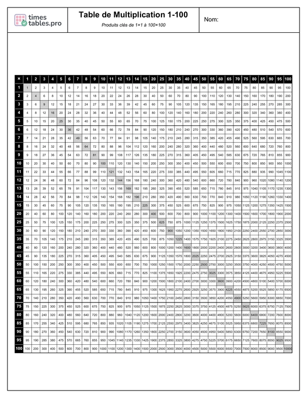 Multiplication Chart 1-100 Preview