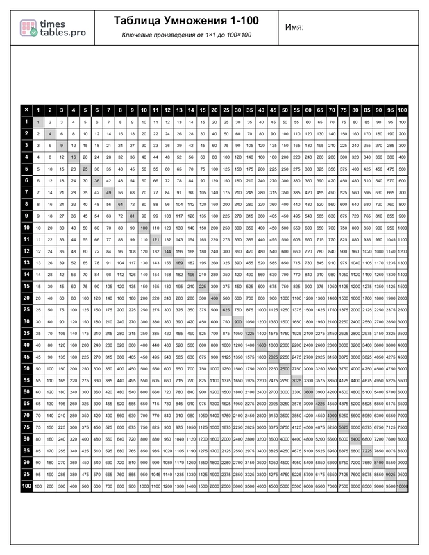Multiplication Chart 1-100 Preview