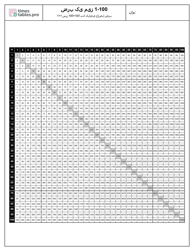 Multiplication Chart 1-100 Preview