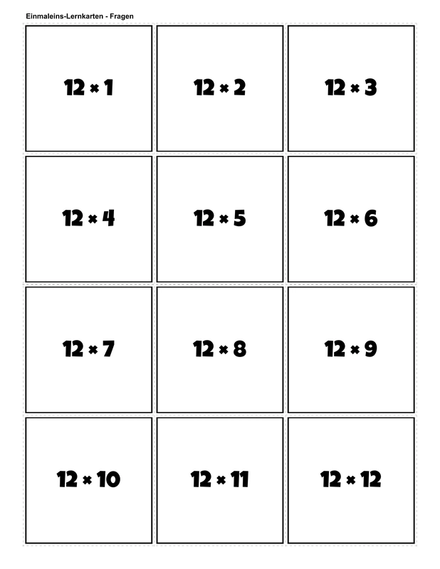 Printable multiplication flashcards for 12 times table - PDF download
