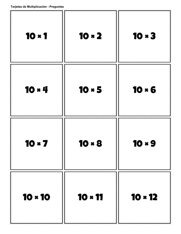 Printable multiplication flashcards for 10 times table - PDF download