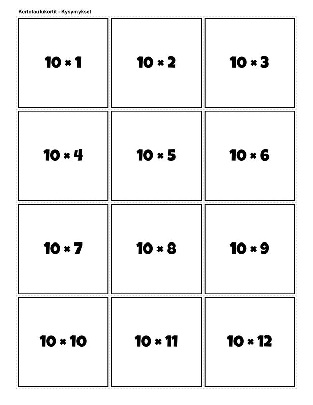 Printable multiplication flashcards for 10 times table - PDF download