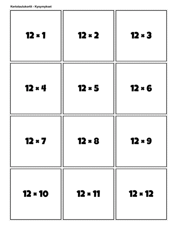 Printable multiplication flashcards for 12 times table - PDF download