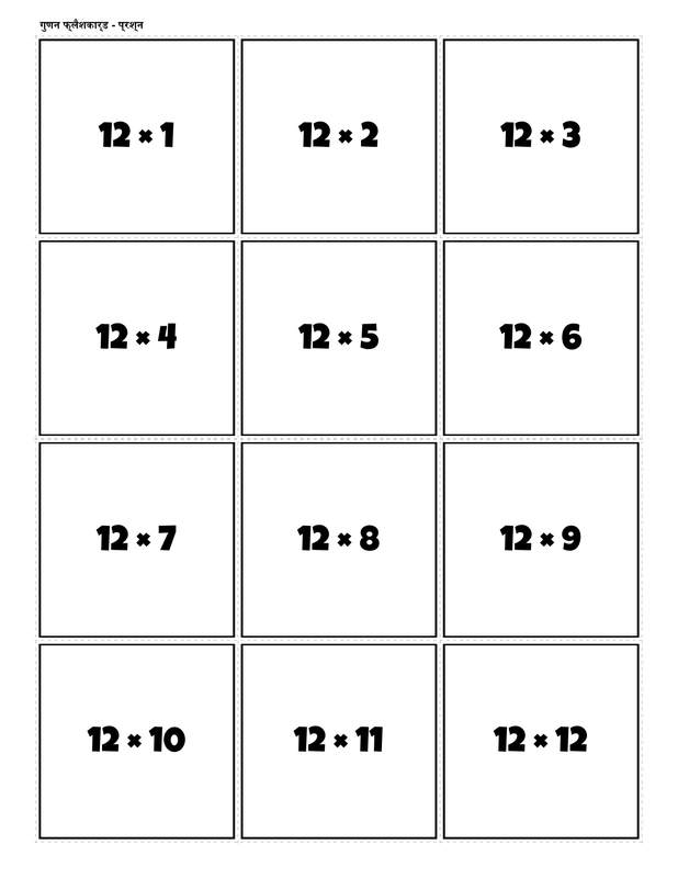 Printable multiplication flashcards for 12 times table - PDF download