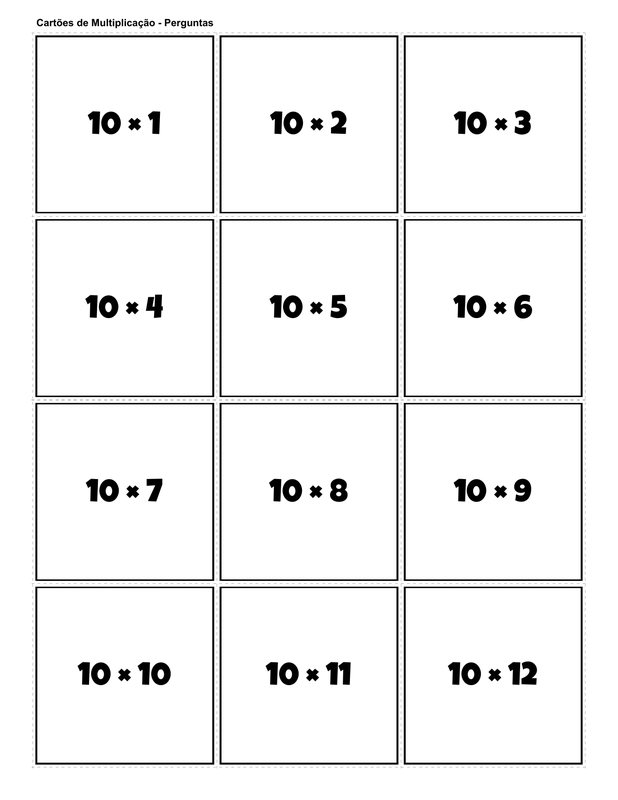 Printable multiplication flashcards for 10 times table - PDF download