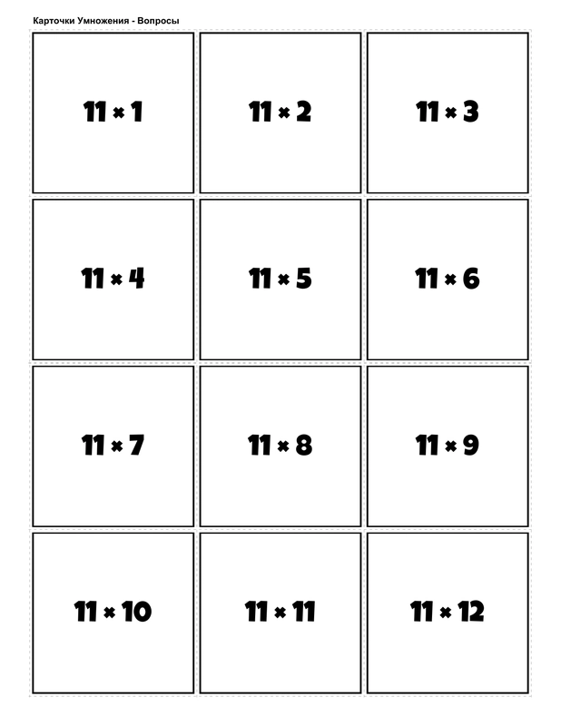 Printable multiplication flashcards for 11 times table - PDF download