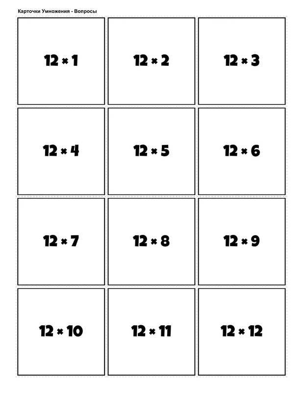 Printable multiplication flashcards for 12 times table - PDF download