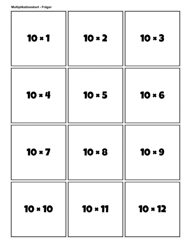Printable multiplication flashcards for 10 times table - PDF download