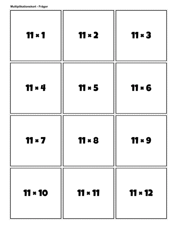 Printable multiplication flashcards for 11 times table - PDF download