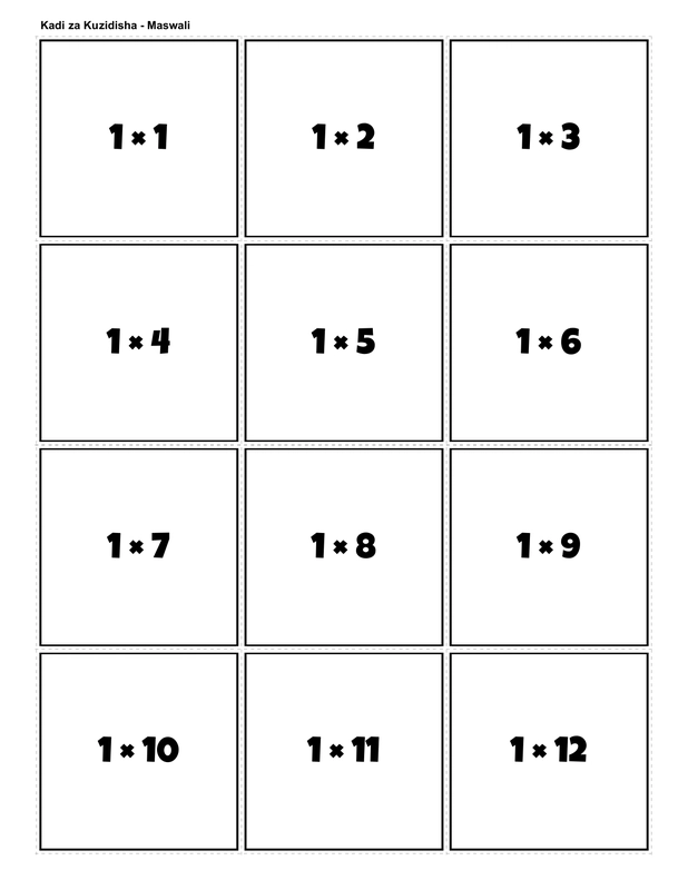 Printable multiplication flashcards for 1 times table - PDF download