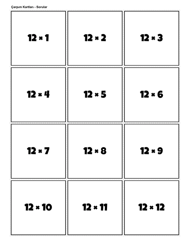 Printable multiplication flashcards for 12 times table - PDF download