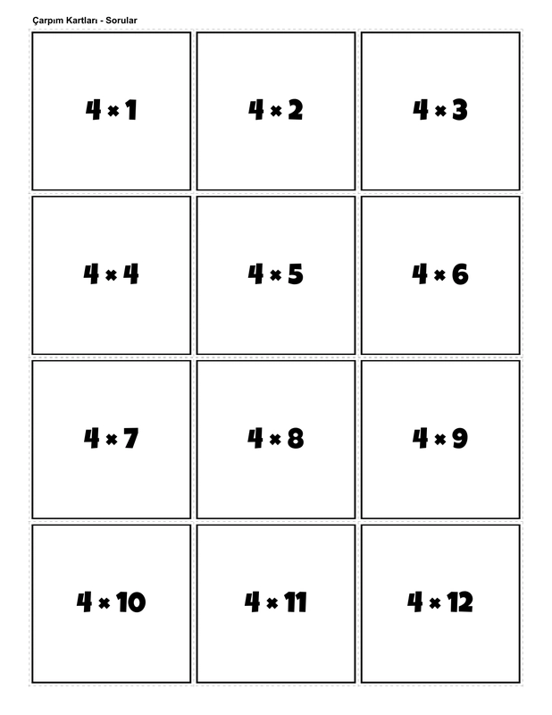 Printable multiplication flashcards for 4 times table - PDF download